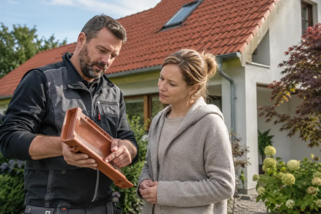 Dachdecker prüft Dachziegel mit einem Hauseigentümer.