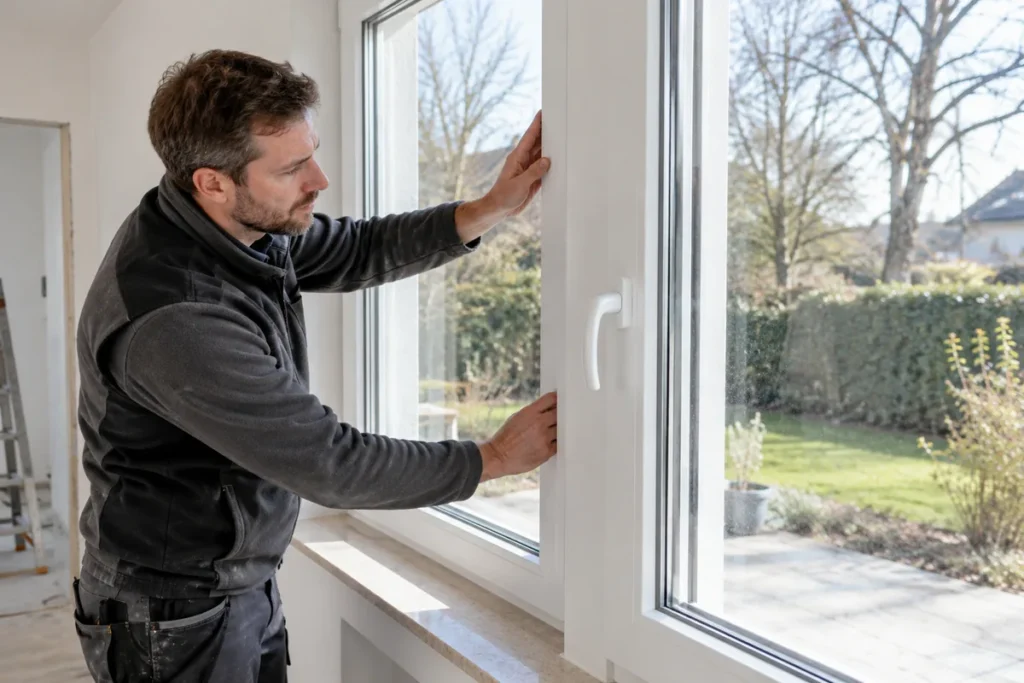 Fenstermonteur prüft einen neuen Fensterrahmen.