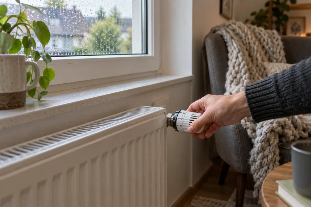 Heizkörper am Fenster in einem Wohnraum.