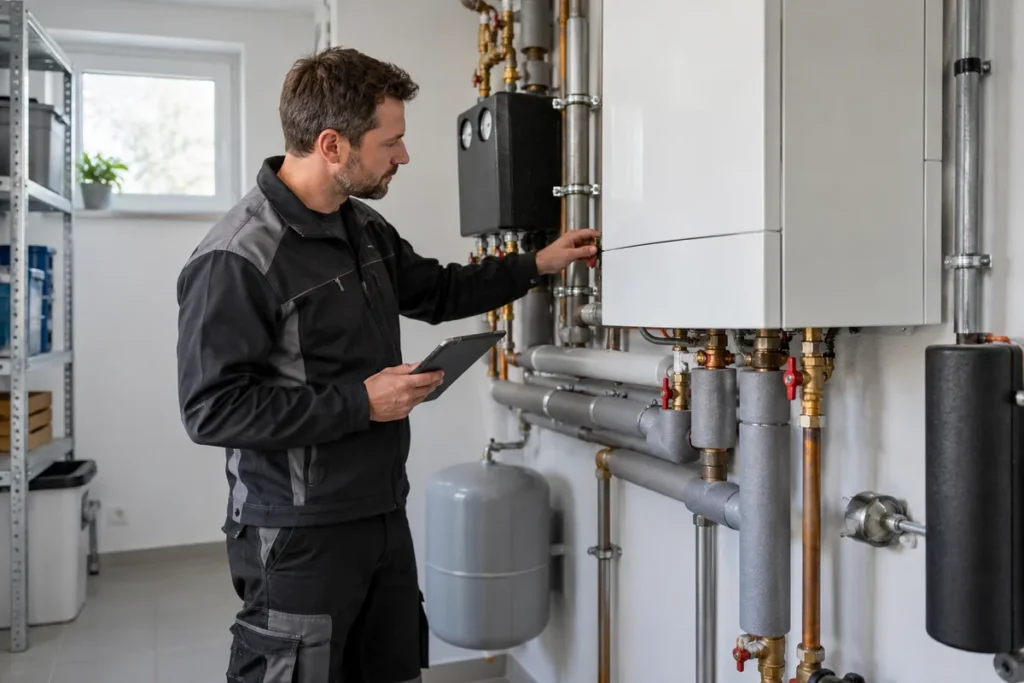 Heizungstechniker überprüft die Haustechnik.
