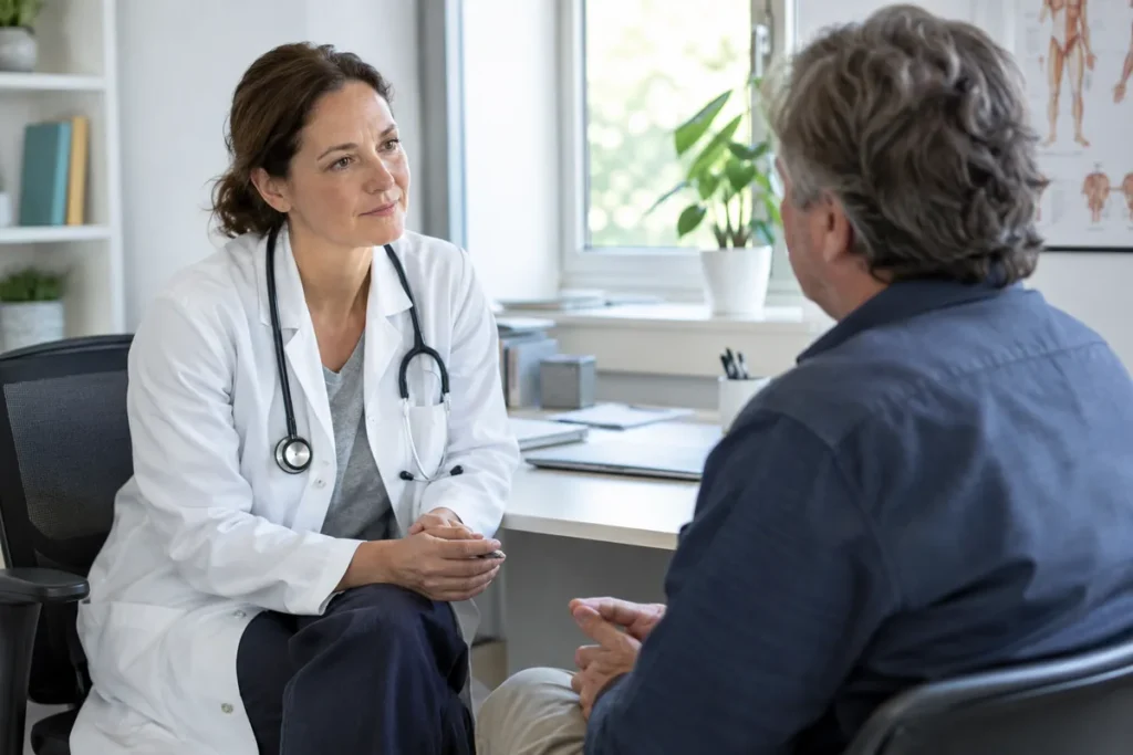 Ärztin und Patient im persönlichen Beratungsgespräch.