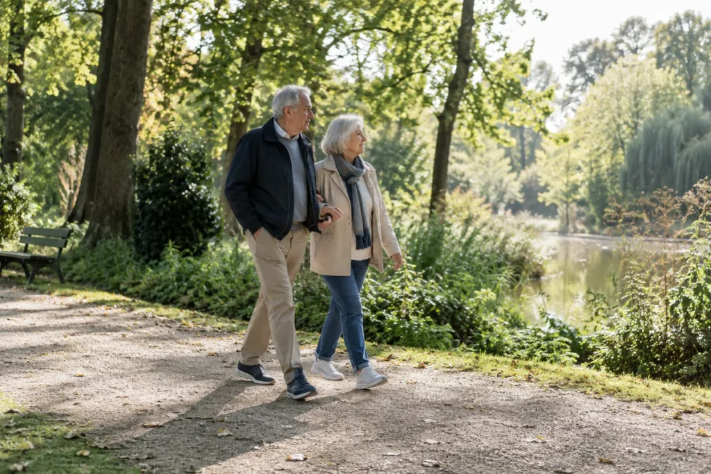 Älteres Paar bei einem Spaziergang im Park.