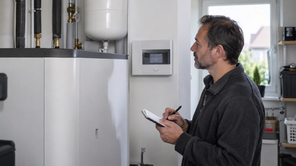 Hausbesitzer notiert Werte neben einer Heizungsregelung.
