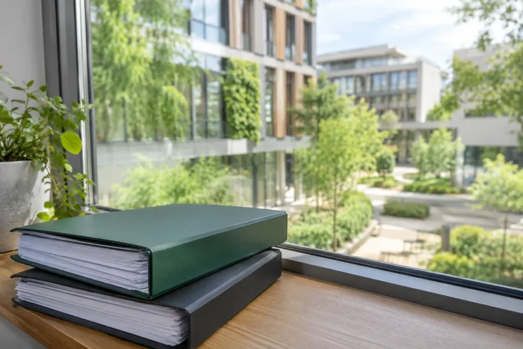 Bürogebäude mit begrüntem Innenhof und Unterlagen im Vordergrund.