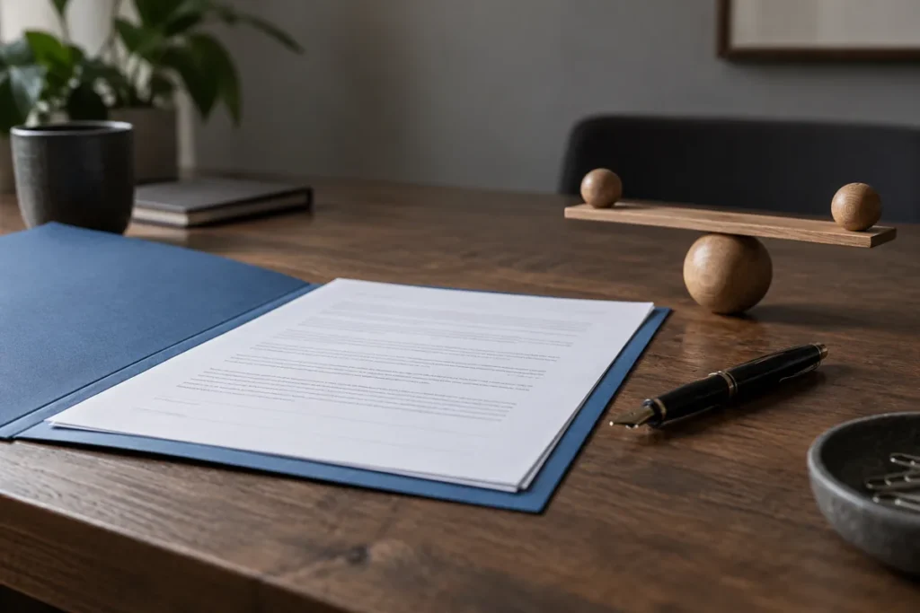 Vertragsunterlagen und Stift auf einem Schreibtisch.