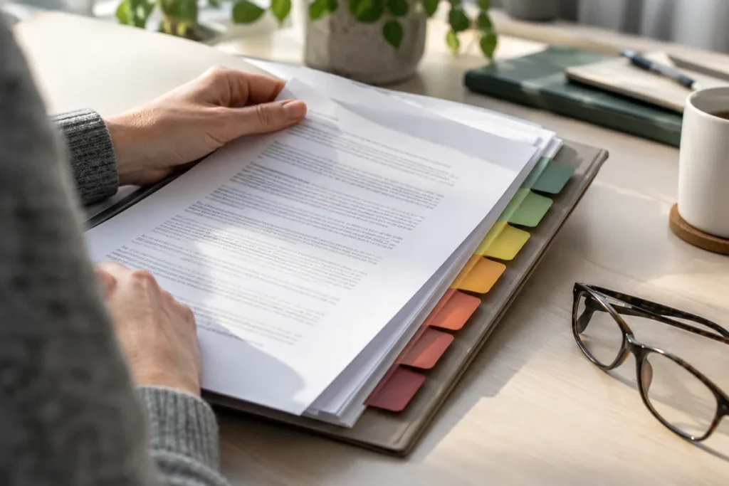 Unterlagen mit farbigen Registerkarten werden geprüft.