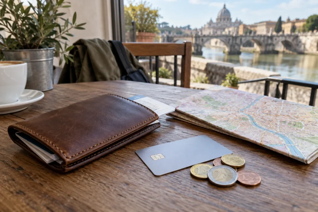 Unbeschriftete Zahlungskarte, Geldbörse und Stadtplan auf einem Reisetisch.