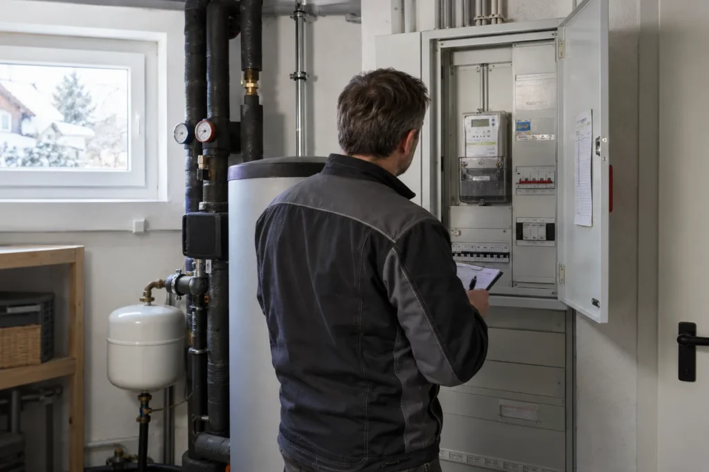 Techniker prüft den Stromzähler in einem Heizungsraum.