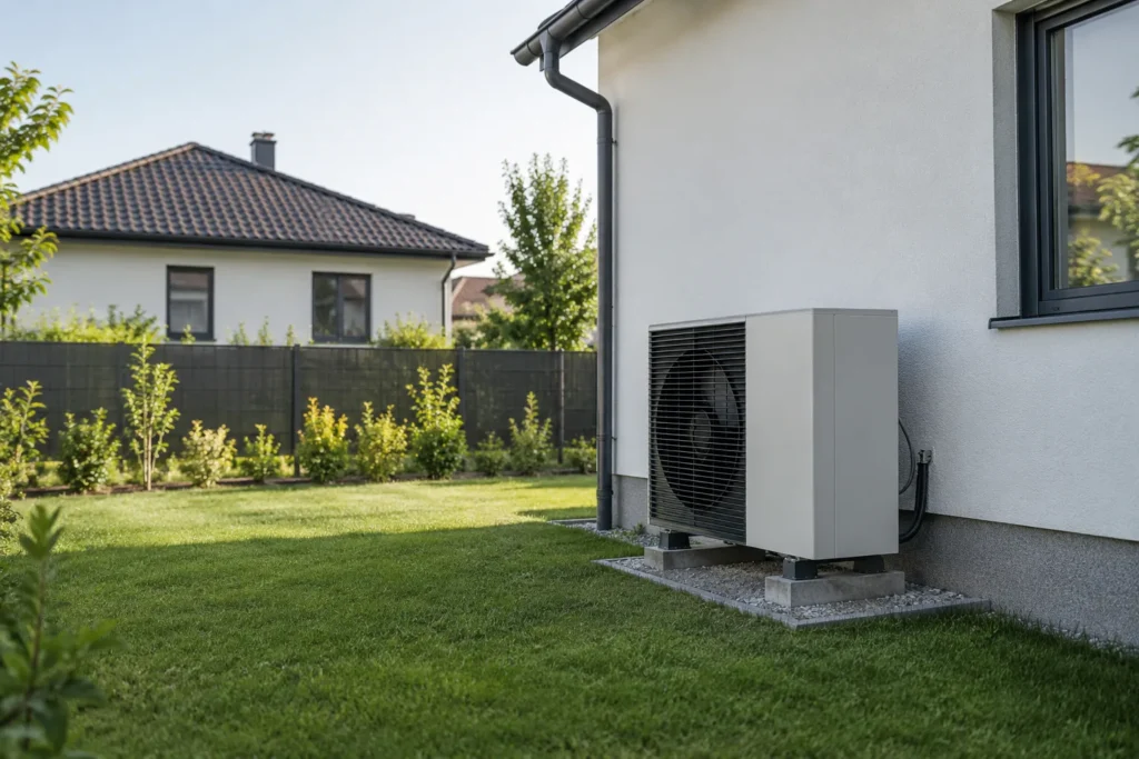 Außeneinheit einer Wärmepumpe neben einem Wohnhaus.