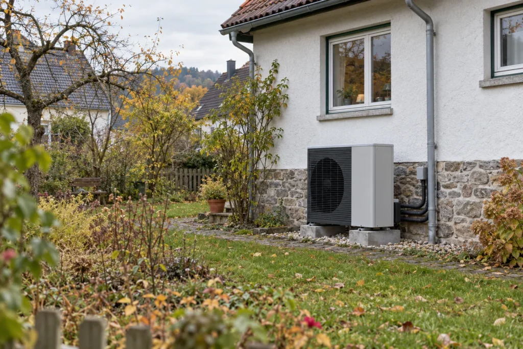 Außeneinheit einer Wärmepumpe neben einem älteren Wohnhaus.