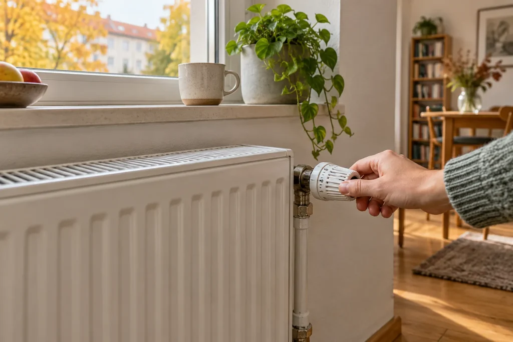 Hand am Thermostat eines Heizkörpers in einer Wohnung.
