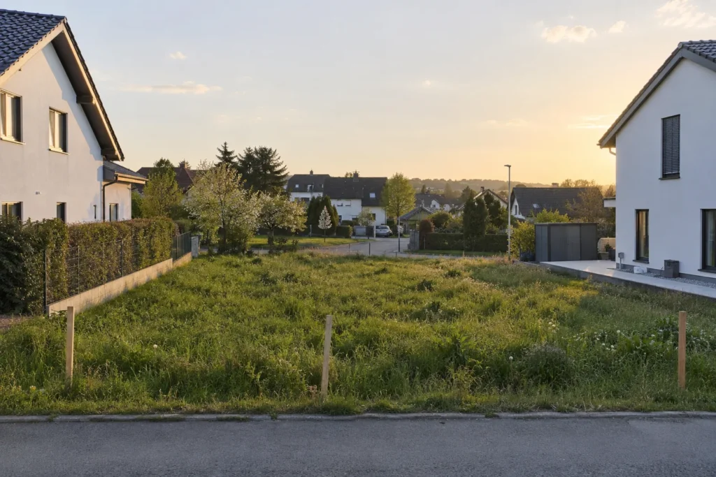 Unbebautes Grundstück zwischen Wohnhäusern.