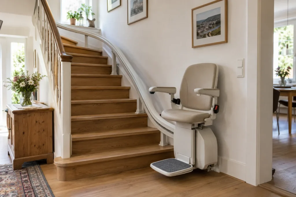 Sitzlift auf einer gebogenen Schiene entlang einer Holztreppe.