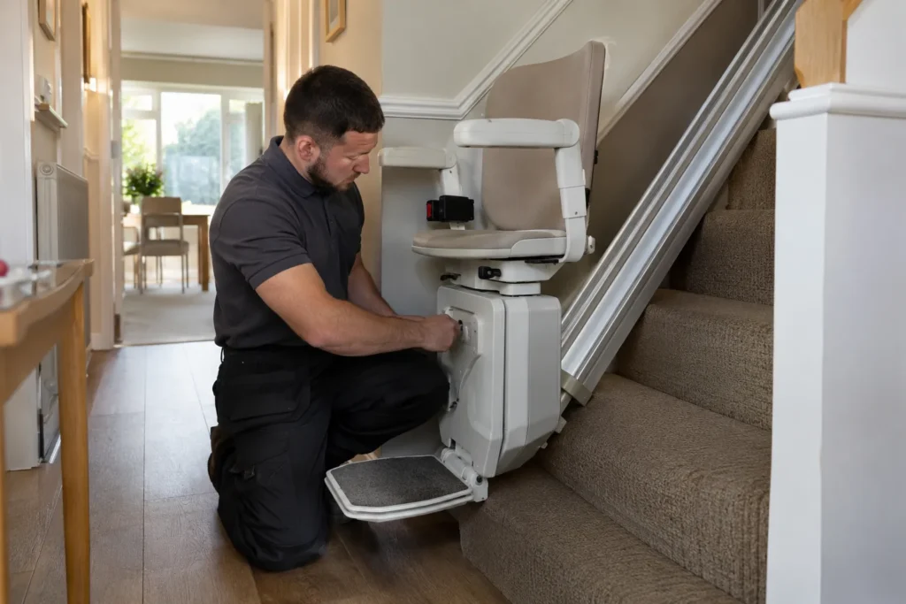 Ein Techniker kontrolliert einen Treppenlift im Haus.