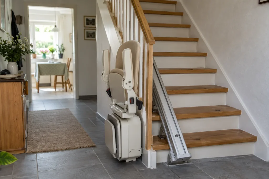 Zusammengeklappter Sitzlift an einer geraden Holztreppe.