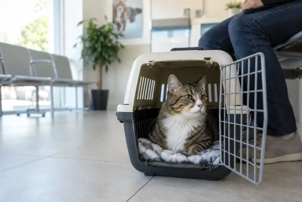 Eine Katze in ihrer Transportbox im Wartebereich einer Tierarztpraxis.