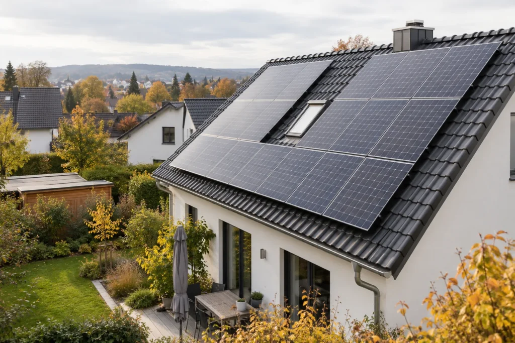 Solarmodule auf dem Dach eines Wohnhauses im Herbst.