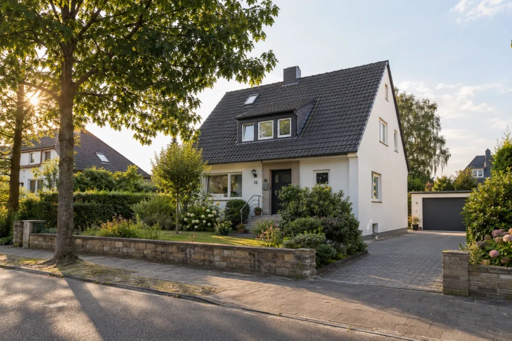 Wohnhaus mit Vorgarten in einer deutschen Wohnstraße.