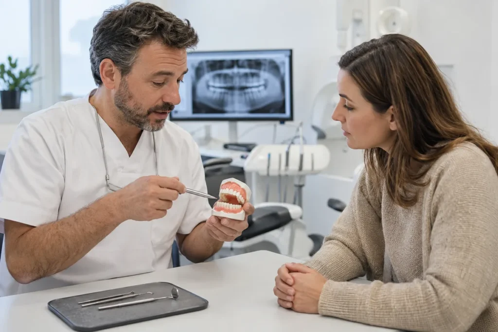 Zahnarzt erklärt einer Patientin ein Gebissmodell.